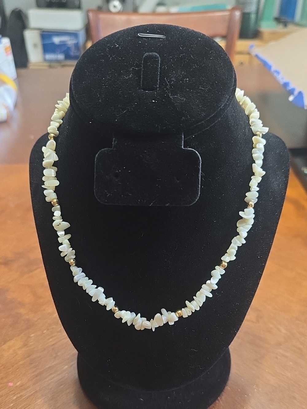 Handmade Cream Shell Chip Necklace with Gold Accents